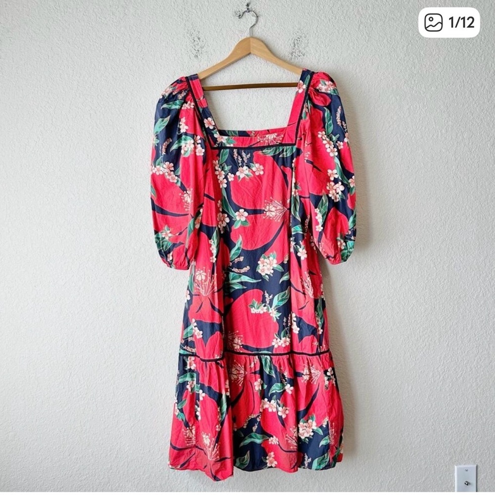 FARM RIO Jamila Midi Dress Red Floral Balloon Sleeve Cotton A-Line